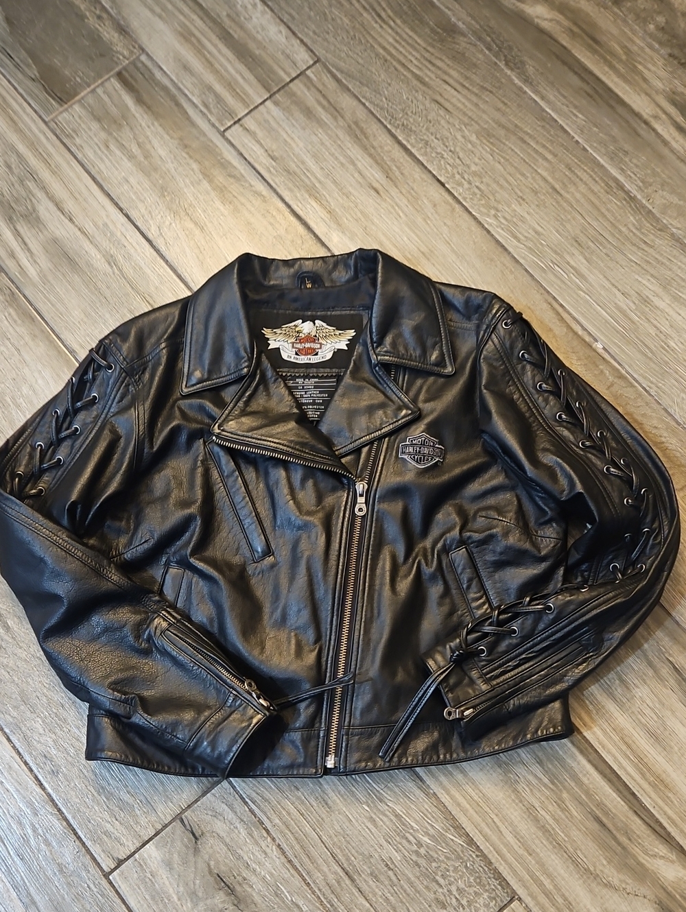 Harley-Davidson Black Leather Lace-Up Sleeve Biker Jacket